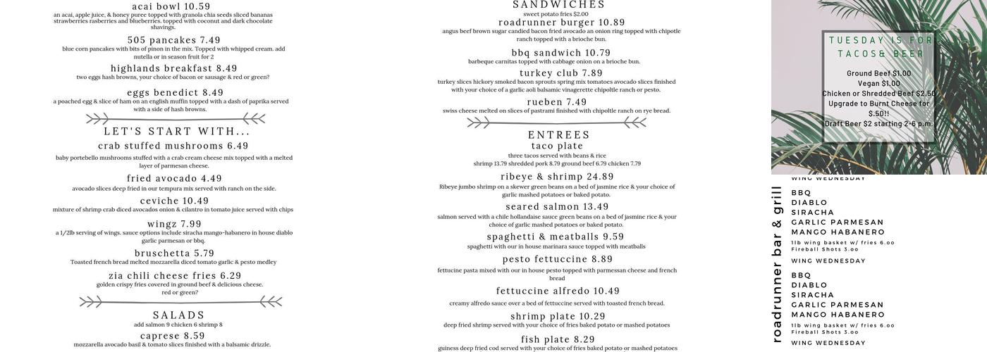 Roadrunner Bar & Grill Menu