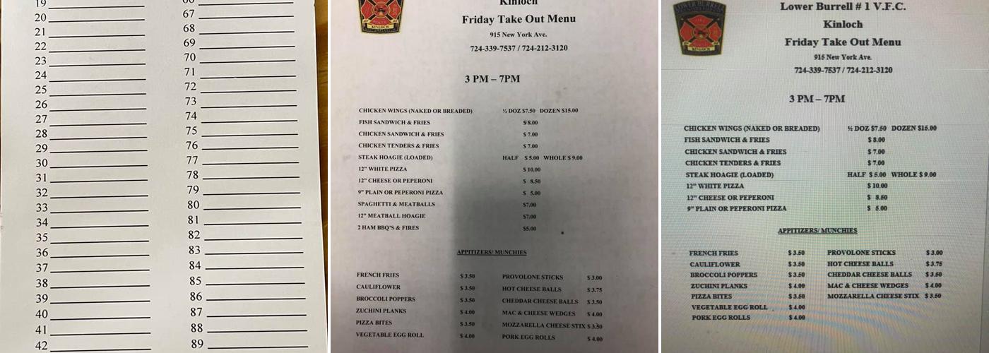 Kinloch VFD Lower Burrell VFC No. 1 Menu
