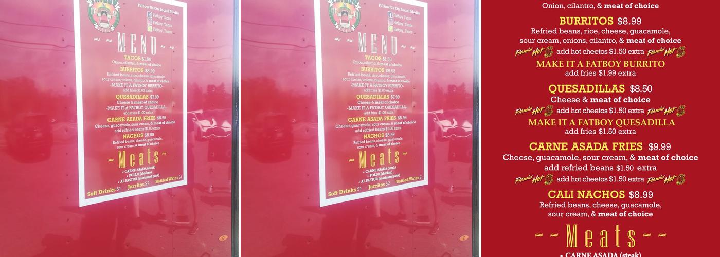 Fatboy Tacos Menu