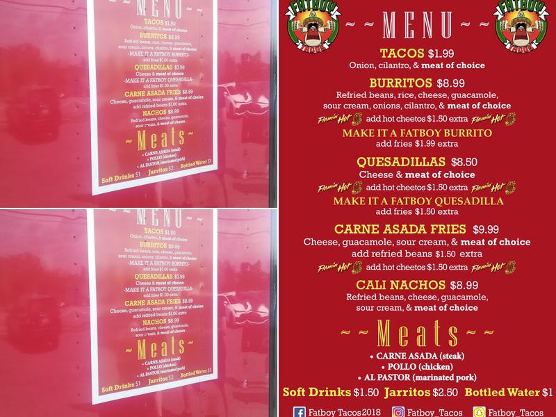 Fatboy Tacos Menu
