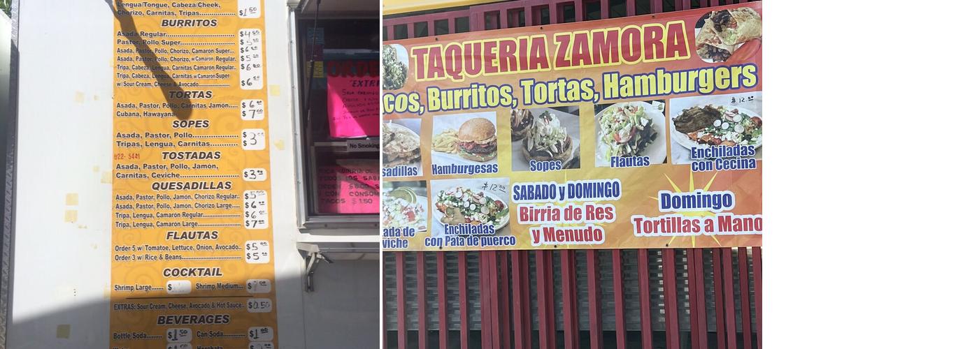 Taqueria zamora Menu