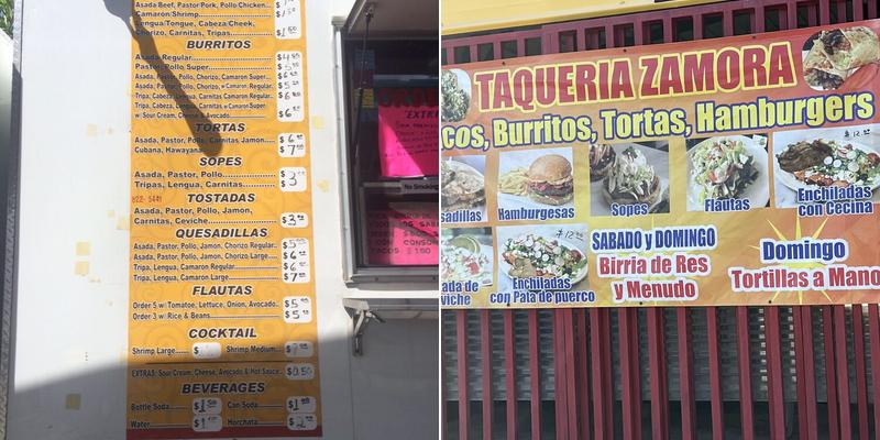 Taqueria zamora Menu