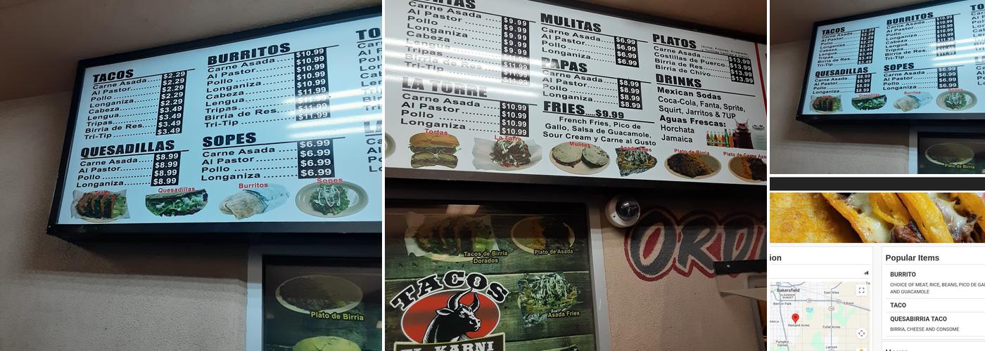 Tacos El Karni Menu