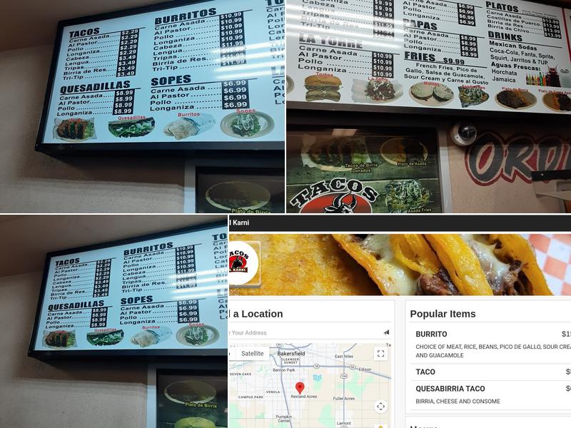 Tacos El Karni Menu
