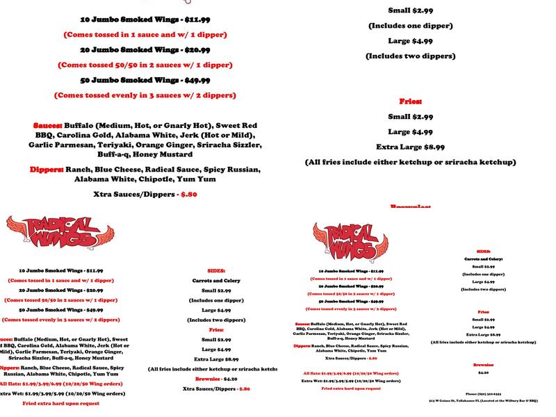 Radical Wings Menu