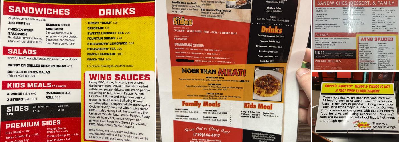 Daddy's Smackin' Wings And Things Menu