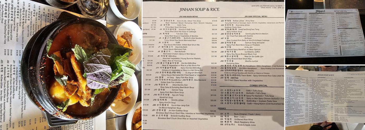 Jinhan Korean Soup and Rice Menu
