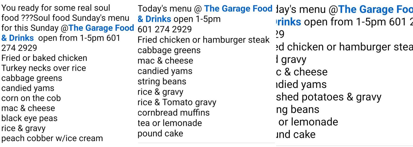 The Garage Food & Drinks Menu
