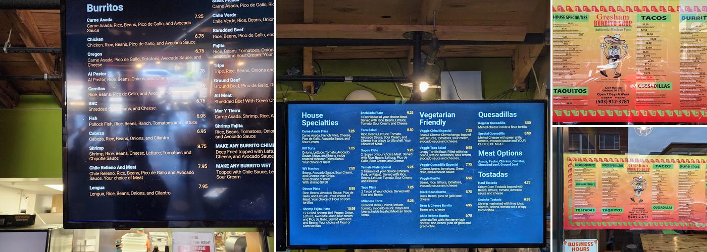 Gresham Burrito Shop Menu