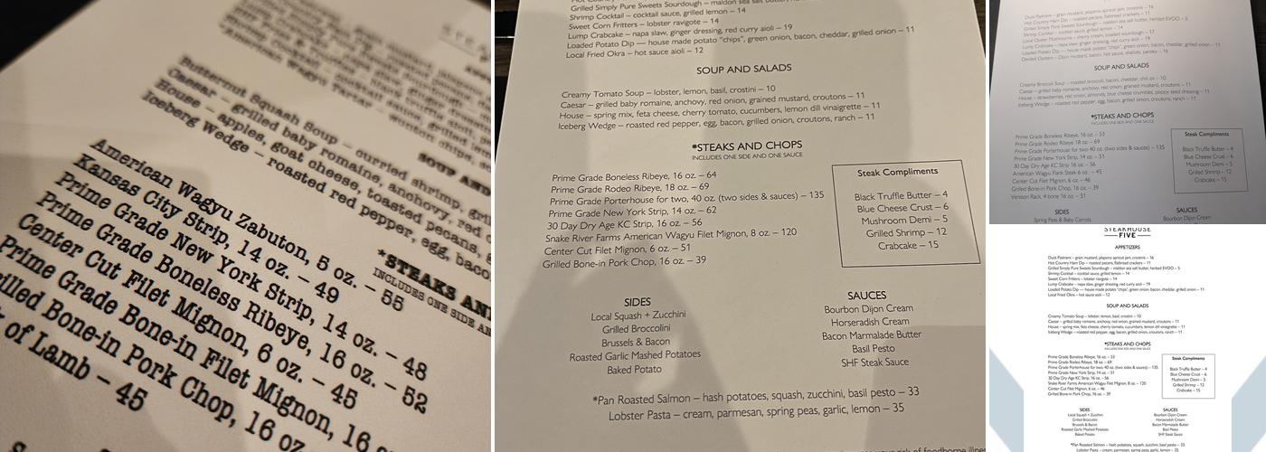 Steakhouse Five Menu