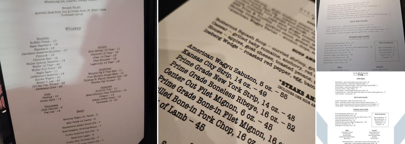 Steakhouse Five Menu