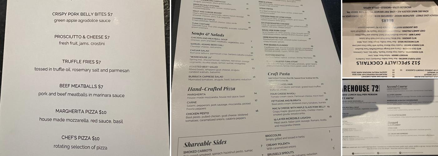 Warehouse 72 Menu
