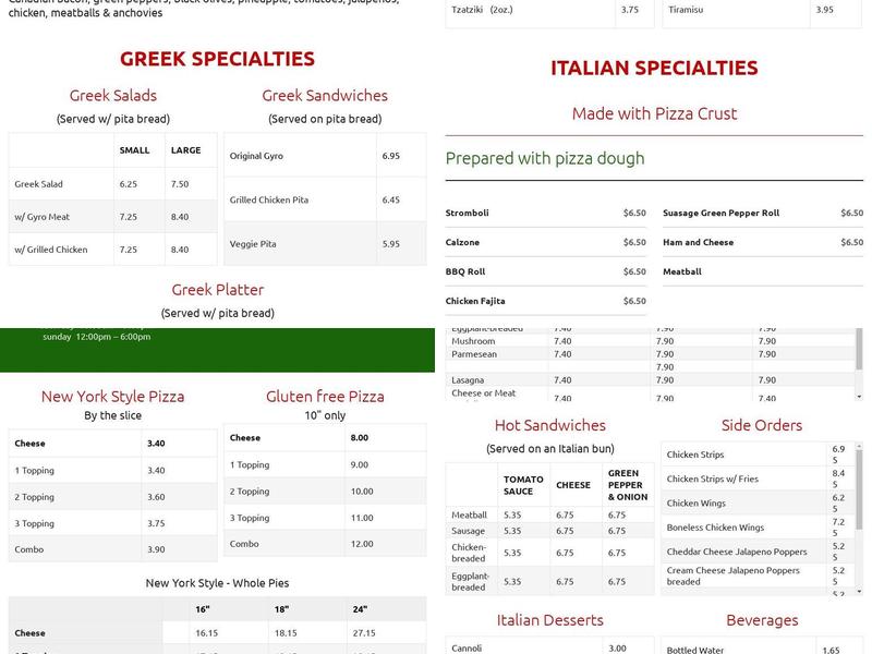 Sal original Pizza Menu