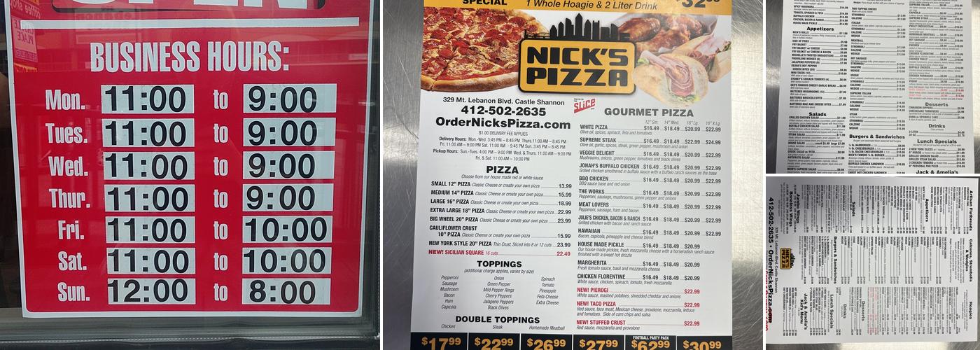 Nick’s Pizza Menu