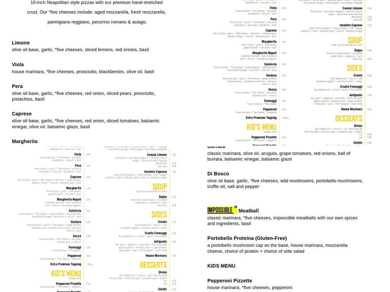 Pizzeria Limone Menu