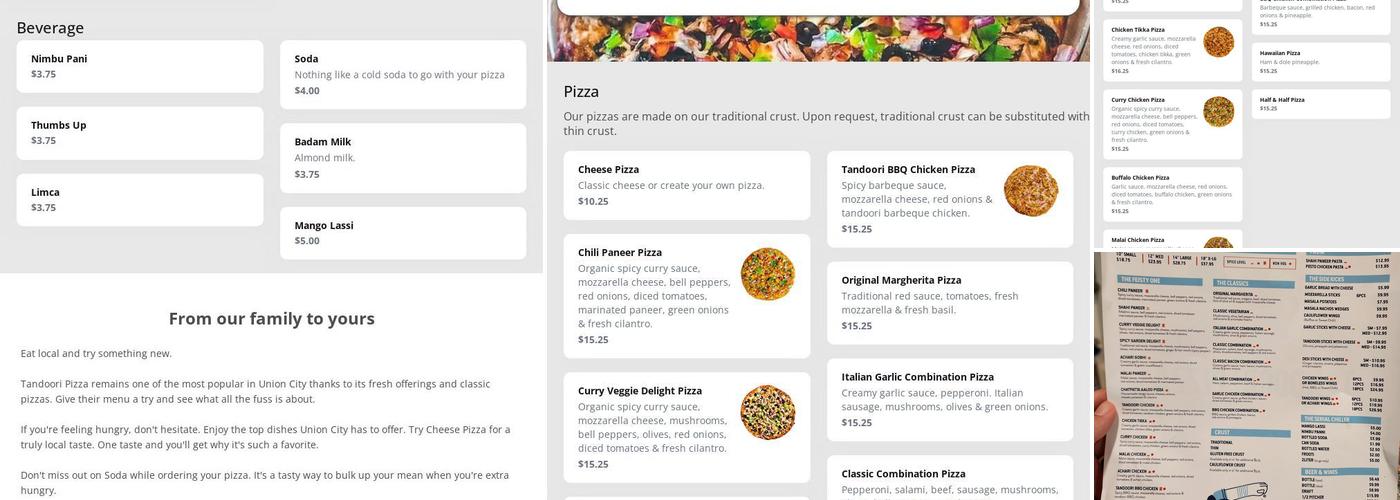 Tandoori Pizza Menu