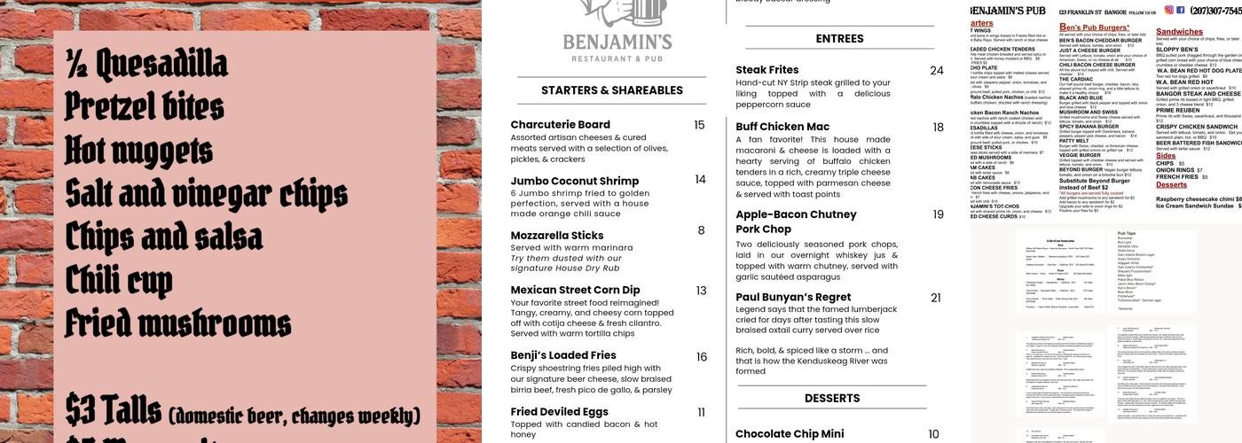 Benjamin's Restaurant & Pub Menu
