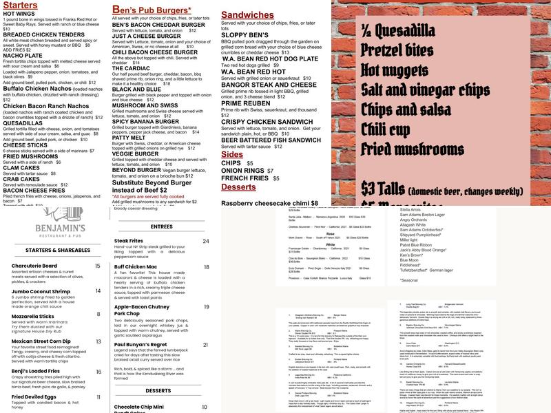 Benjamin's Restaurant & Pub Menu