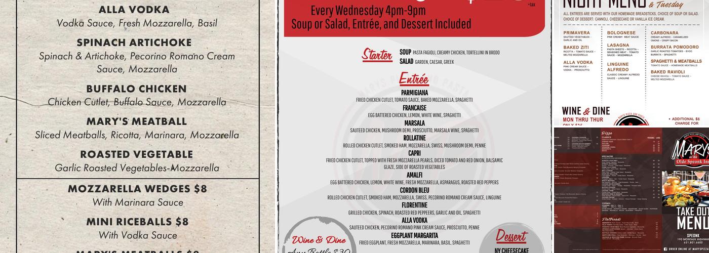 Marys Pizza and Pasta Menu