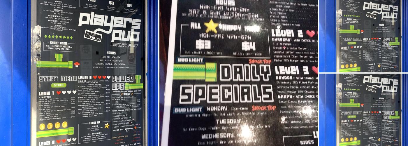 Players Pub Menu