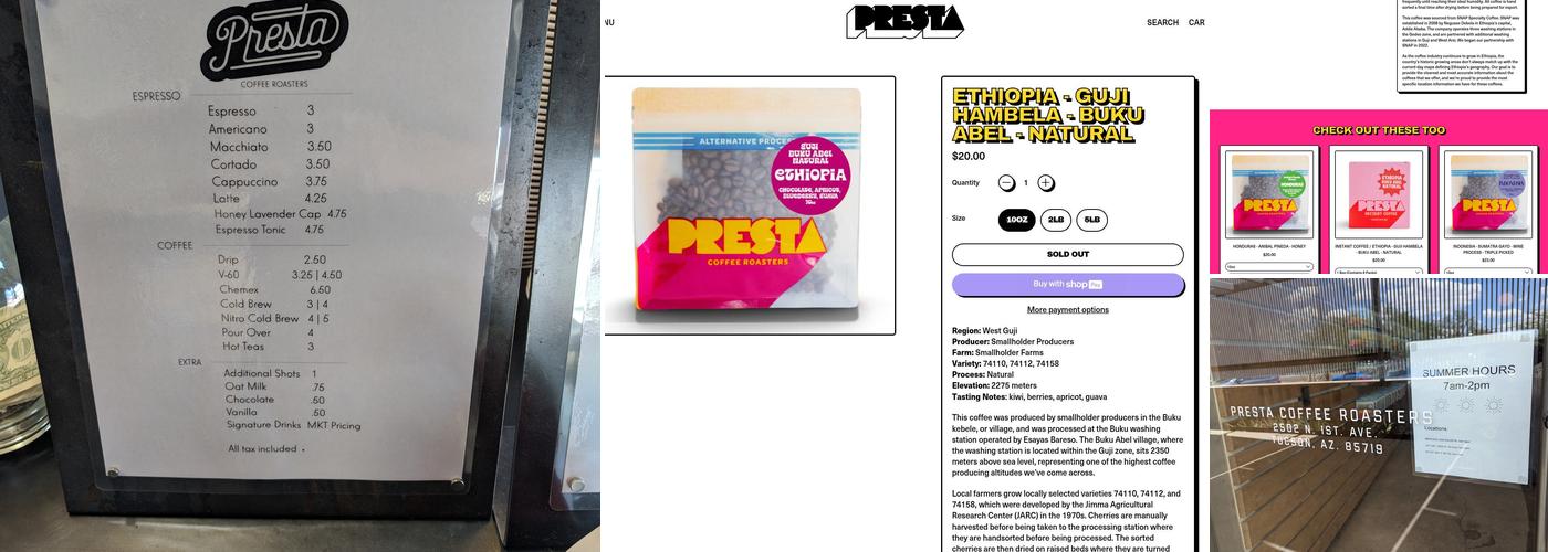 Presta Coffee Roasters Menu