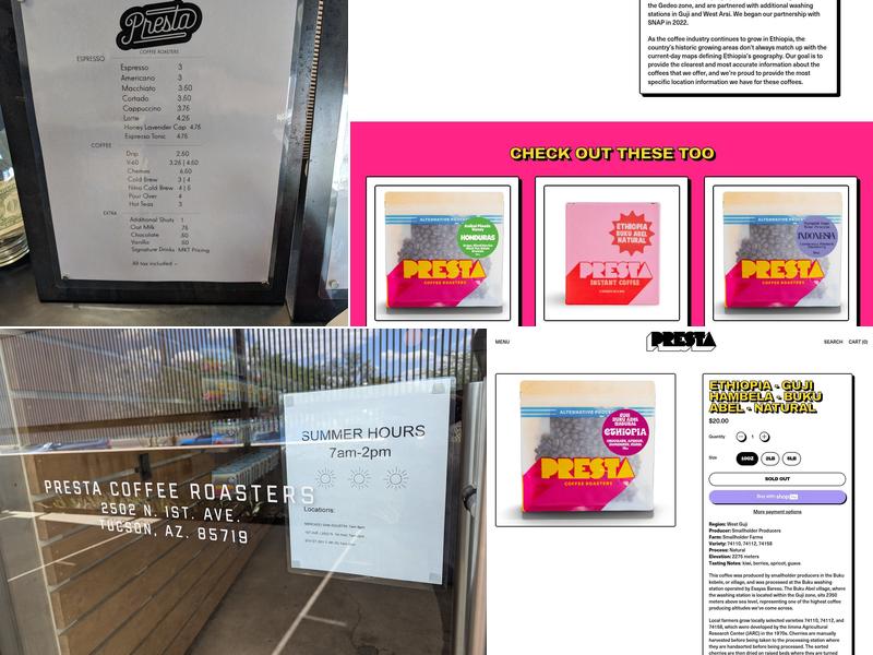 Presta Coffee Roasters Menu