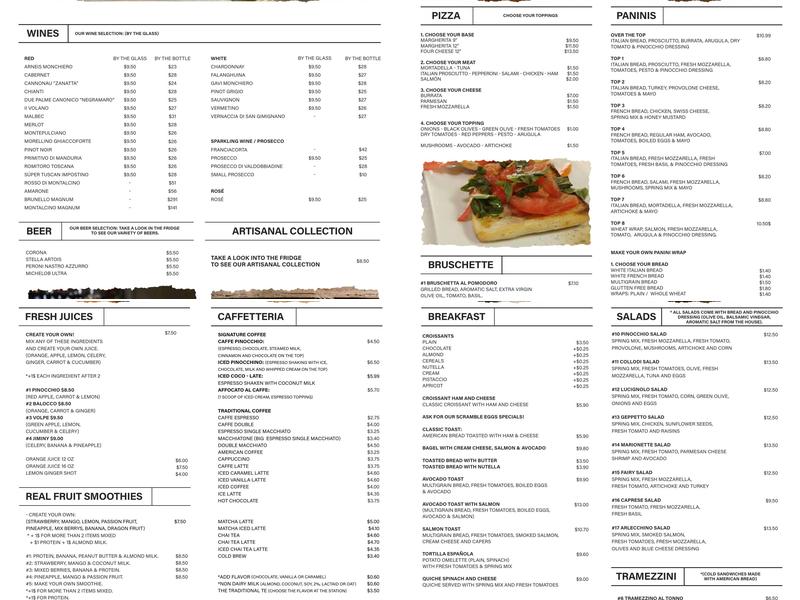 Pinocchio on the Bay Menu