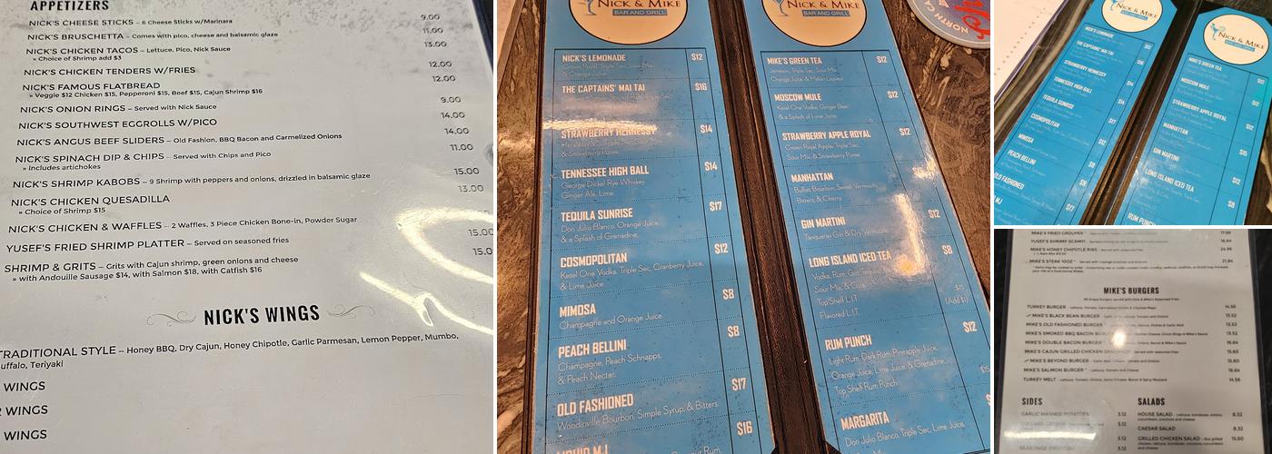 Nick & Mike Bar and Grill Menu