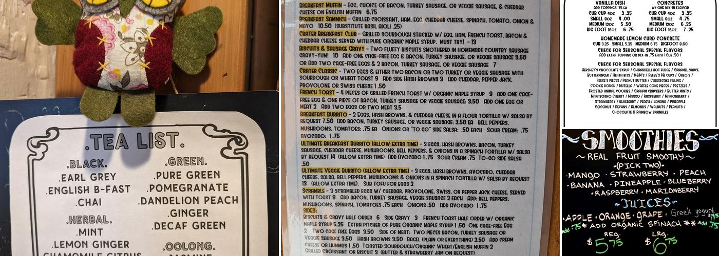Crater Cafe Menu
