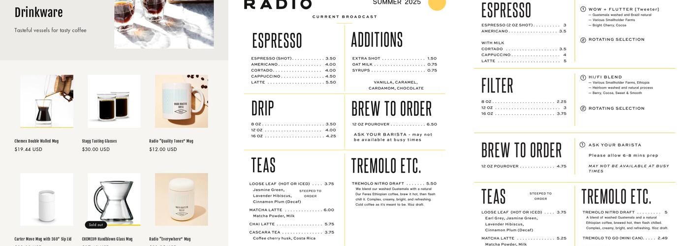 Radio Roasters Coffee Menu