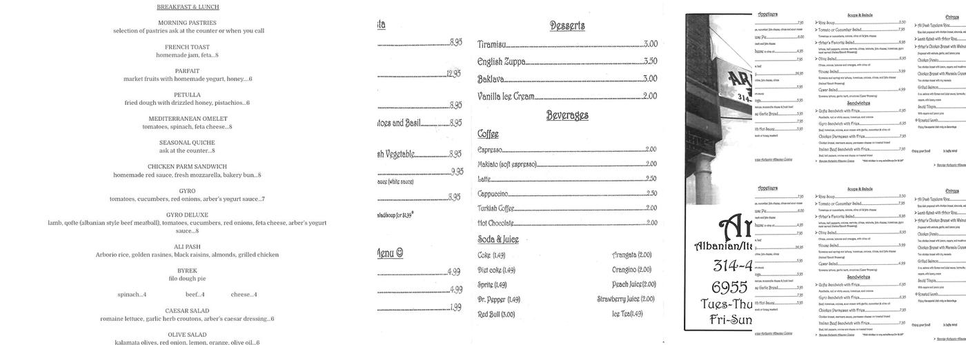 Arber Cafe Menu