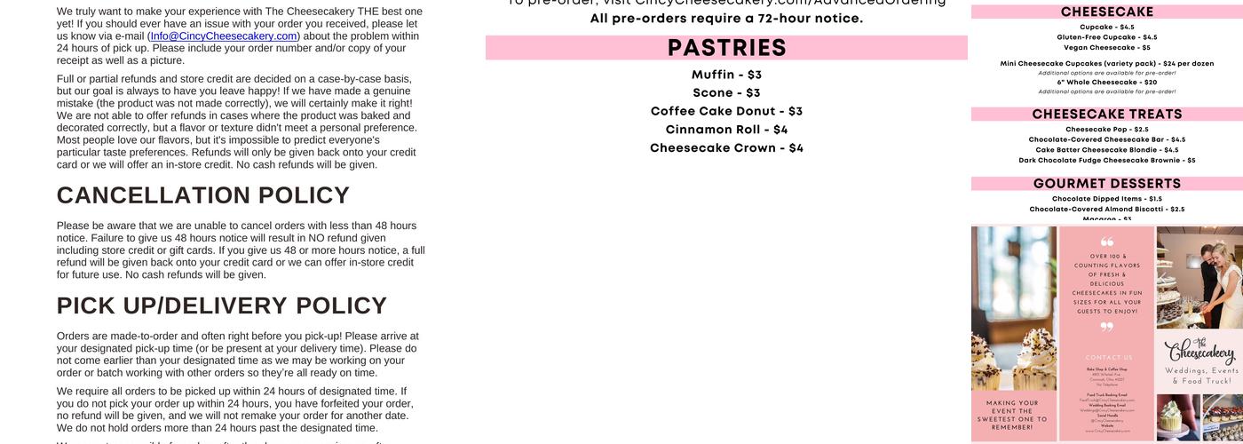 The Cheesecakery Menu