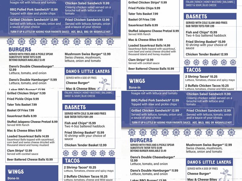 Dano’s Lakeside Pub Menu