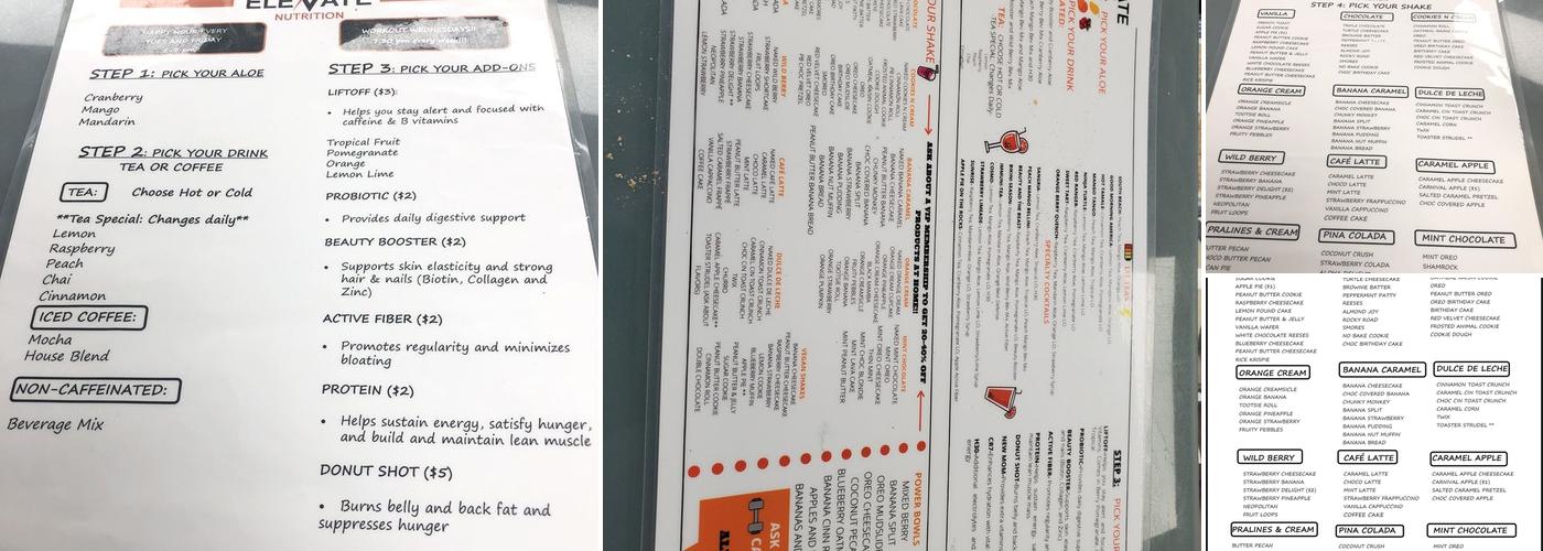 Elevate Nutrition Menu