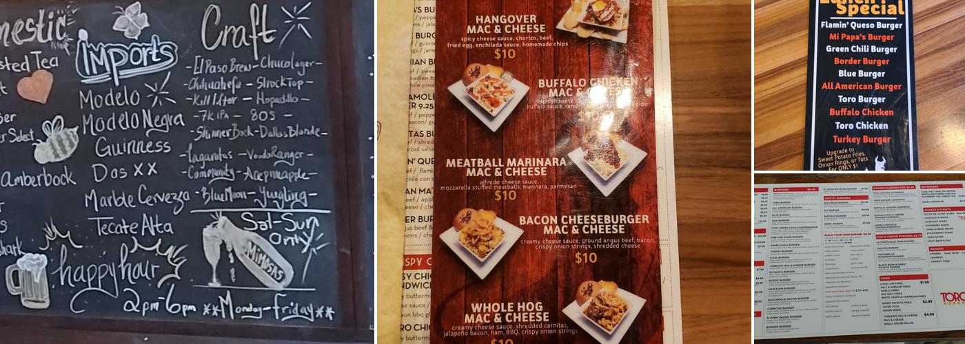 Toro Burger Bar Menu