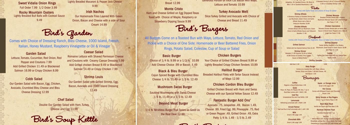Bird's Nest Restaurant Menu