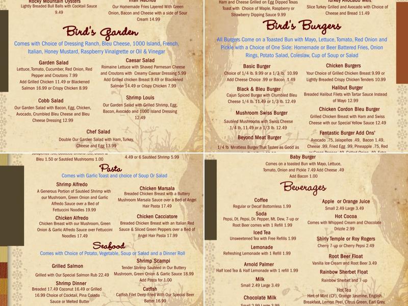 Bird's Nest Restaurant Menu