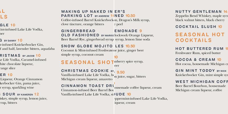 New Holland Spirits - Saugatuck Tasting Room Menu