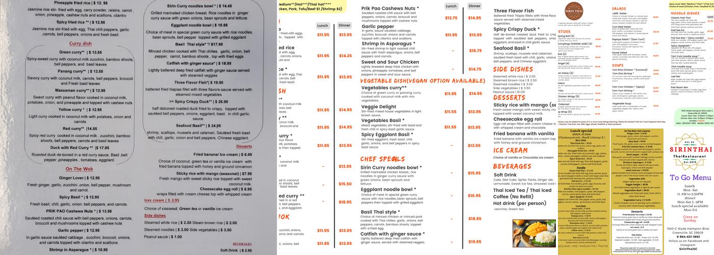 Sirin Thai SC Menu