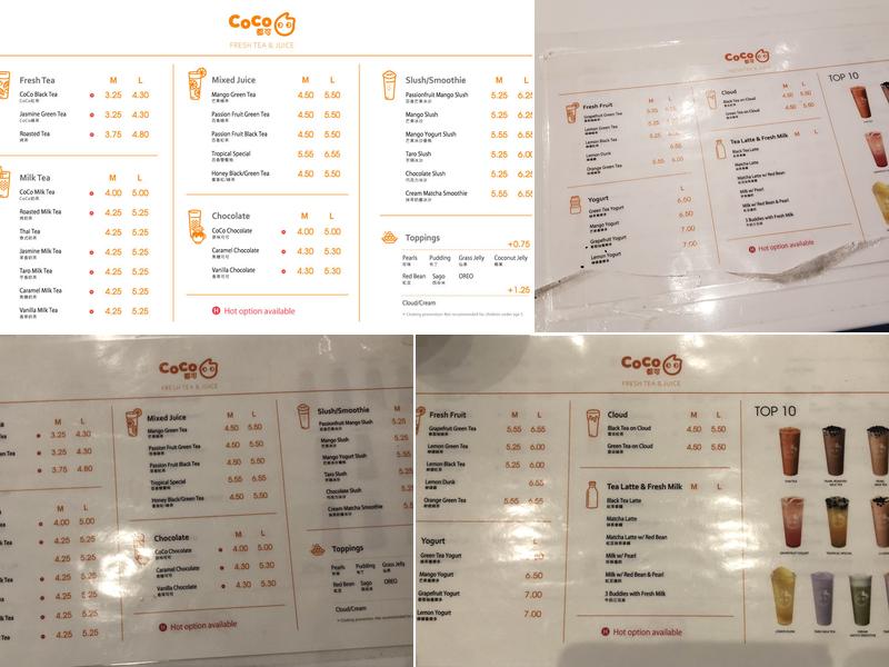 CoCo Fresh Tea and Juice Menu