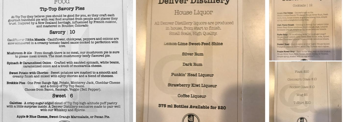 Denver Distillery Menu