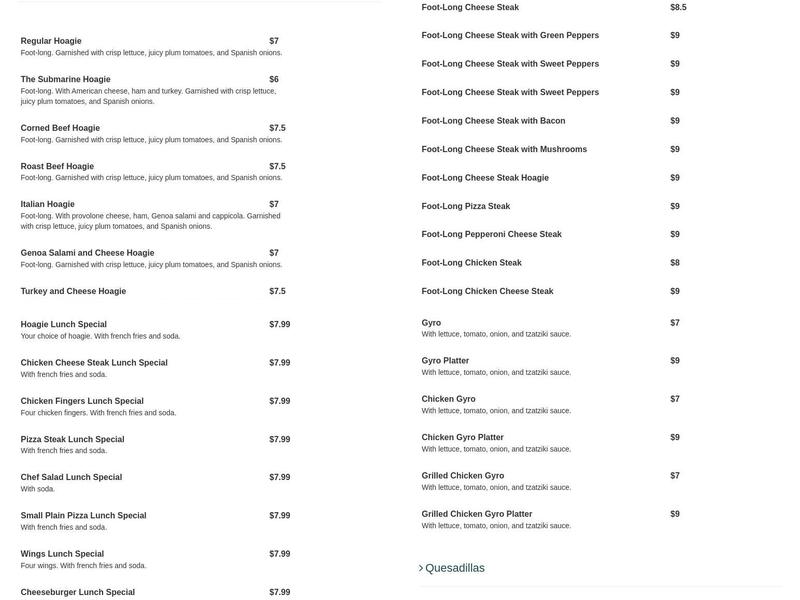 George's Pizza Menu
