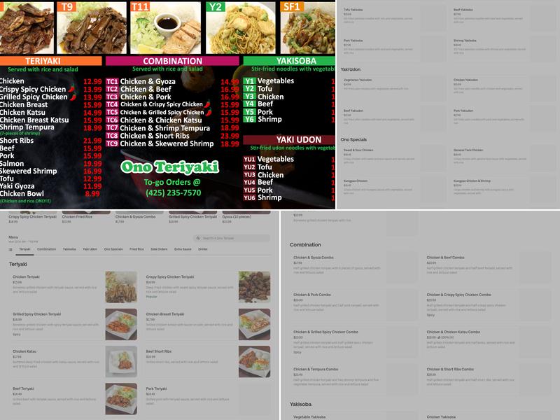 Ono Teriyaki Menu