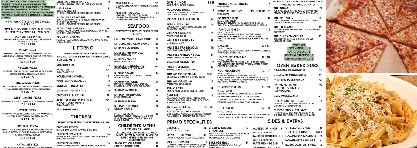 Primo Pizza Menu