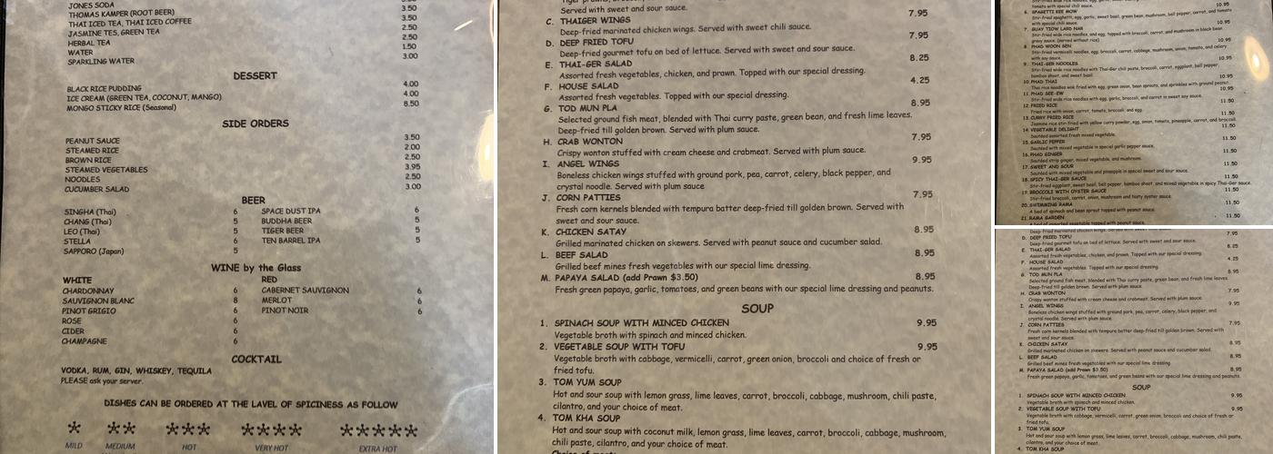Thaiger Room Menu
