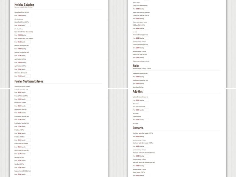 Paula Deen Store Menu