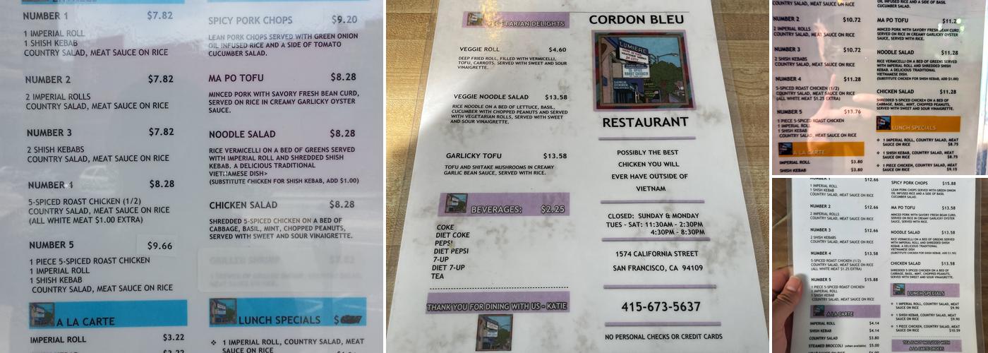 Cordon Bleu Vietnamese Restaurant Menu