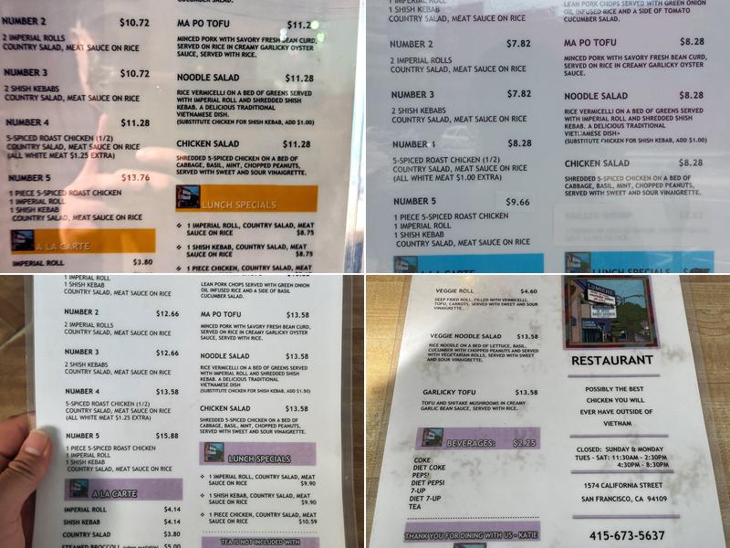 Cordon Bleu Vietnamese Restaurant Menu