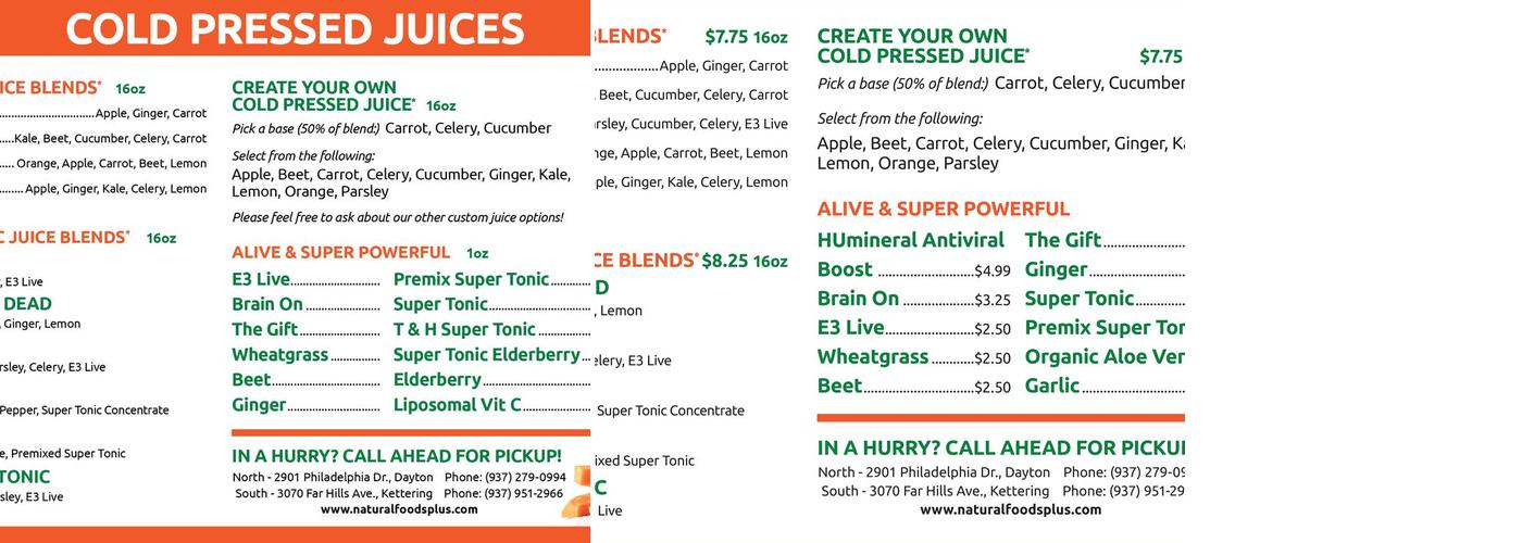 Natural Foods Plus and Juice Caboose Menu