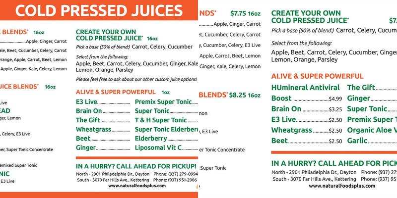 Natural Foods Plus and Juice Caboose Menu